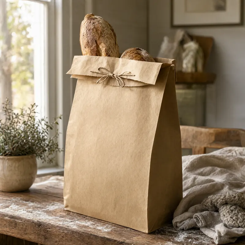 A kraft paper bakery bag tied with twine waiting on a front porch bench