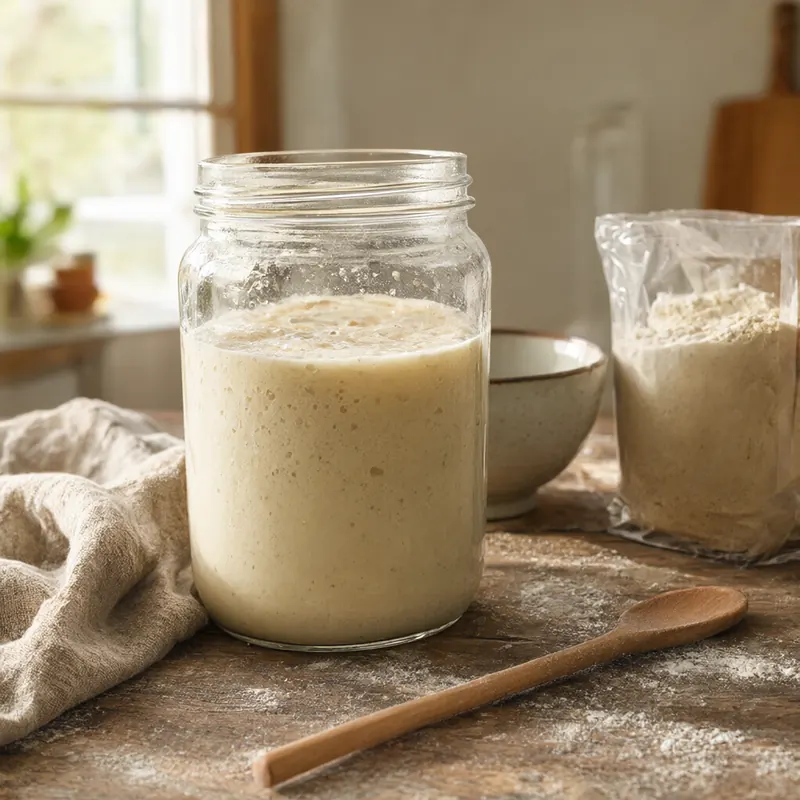A jar of bubbly sourdough starter beside a bag of flour on the kitchen counter
